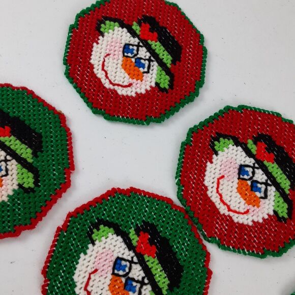 Vintage Handmade Needlepoint Canvas Christmas Coasters with Holder 9 Pc Snowmen - Picture 11 of 16